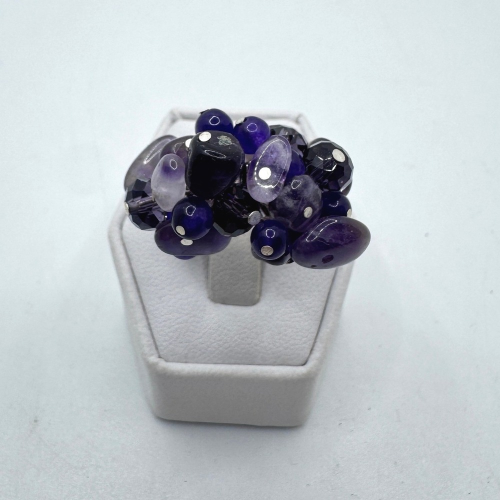 Purple Amethyst Cluster Stretch Ring Silver Tone Expansion Band Statement Ring 7